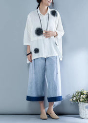 Italian cotton linen Blouse plus size Casual Polo Collar Short Sleeve Spliced Blouse - SooLinen