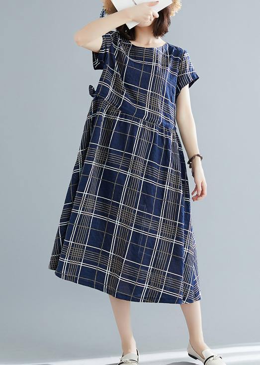 Italian drawstring cotton dresses Work Outfits blue plaid Dresses summer - SooLinen