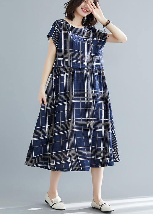 Italian drawstring cotton dresses Work Outfits blue plaid Dresses summer - SooLinen