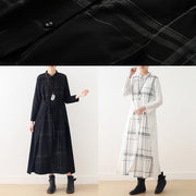Italian drawstring cotton quilting clothes Shirts black plaid A Line Dresses false two pieces - SooLinen