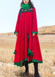 Italian embroidery cotton ruffles Tunic Runway red Robe Dresses - SooLinen