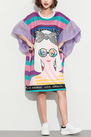 Italienische Schlagärmel Baumwollkleidung für Frauen Bio-Outfits lila gestreifte Baggy-Kleider Sommer