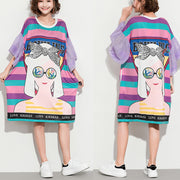 Italienische Schlagärmel Baumwollkleidung für Frauen Bio-Outfits lila gestreifte Baggy-Kleider Sommer