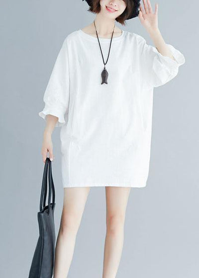 Italian flare sleeve Cotton clothes Work Outfits white o neck Dress summer - SooLinen