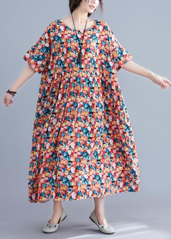 Italian floral cotton Robes o neck Cinched Maxi summer Dress - SooLinen