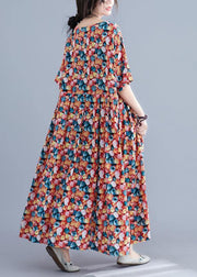 Italian floral cotton Robes o neck Cinched Maxi summer Dress - SooLinen
