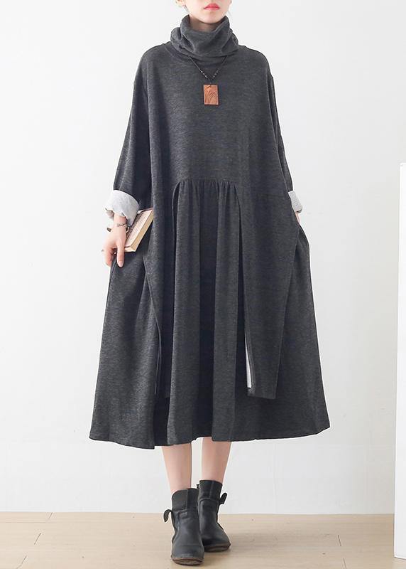 Italian gray Tunics high neck asymmetric long Dresses - SooLinen