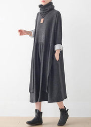 Italian gray Tunics high neck asymmetric long Dresses - SooLinen