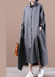 Italian gray dresses lapel asymmetric loose spring Dress - SooLinen