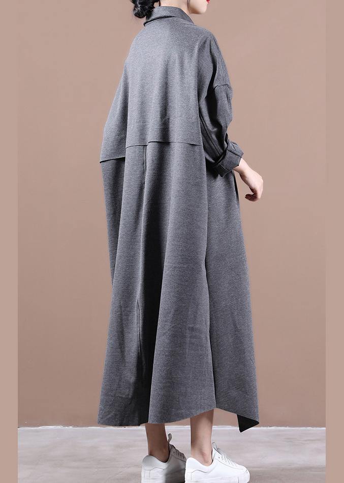 Italian gray dresses lapel asymmetric loose spring Dress - SooLinen
