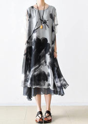 Italian gray print chiffon clothes For Women plus size Fashion Ideas o neck pockets Summer Dress - SooLinen
