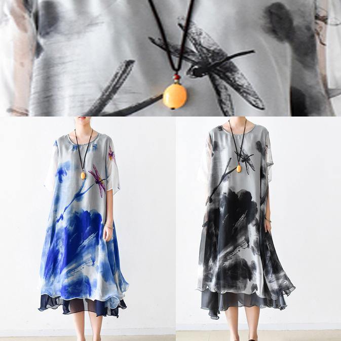 Italian gray print chiffon clothes For Women plus size Fashion Ideas o neck pockets Summer Dress - SooLinen