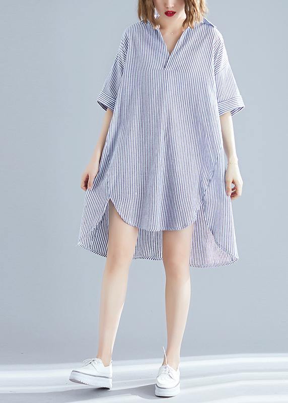 Italian gray striped linen dress Vintage Photography lapel asymmetric Midi Summer Dresses - SooLinen