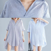 Italian gray striped linen dress Vintage Photography lapel asymmetric Midi Summer Dresses - SooLinen