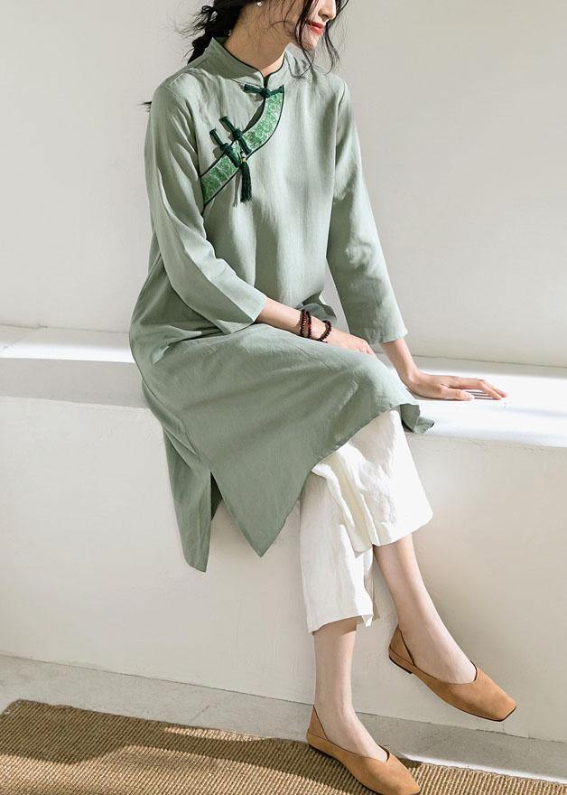 Italian green cotton Wardrobes o neck embroidery daily Dresses - SooLinen