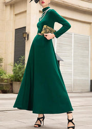 Italian green cotton dresses zippered Maxi high neck Dress - SooLinen