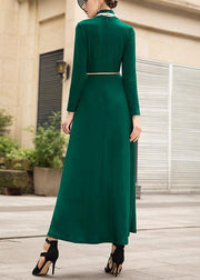Italian green cotton dresses zippered Maxi high neck Dress - SooLinen