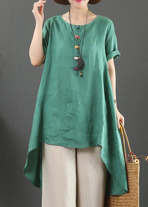 Italian green linen top o neck asymmetric baggy summer shirts - SooLinen