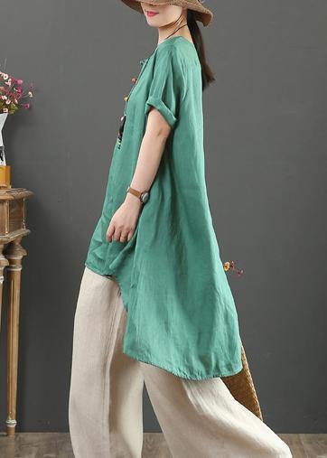 Italian green linen top o neck asymmetric baggy summer shirts - SooLinen