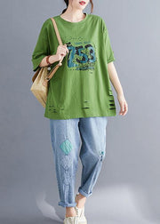 Italian green o neck cotton clothes For Women Hole Art summer top - SooLinen