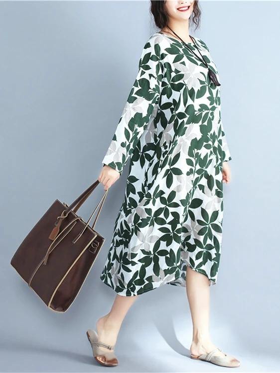 Italian green print cotton clothes For Women o neck long sleeve Maxi Dress - SooLinen