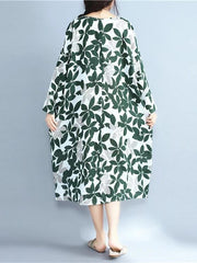 Italian green print cotton clothes For Women o neck long sleeve Maxi Dress - SooLinen