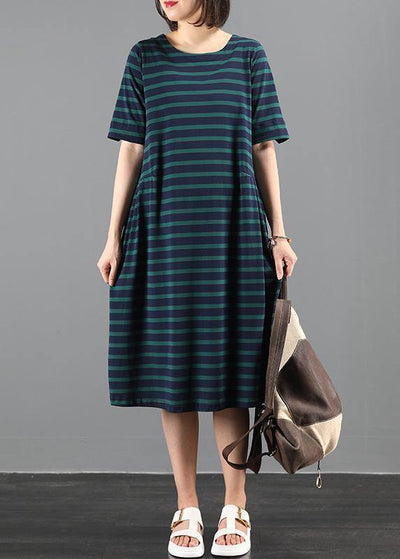 Italian green striped outfit o neck Cinched A Line summer Dresses - SooLinen