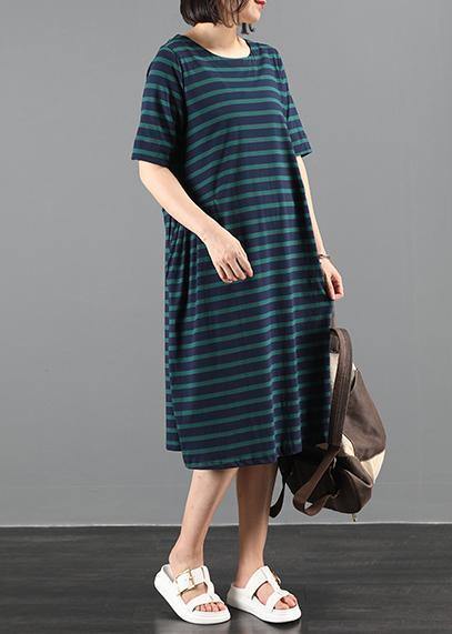 Italian green striped outfit o neck Cinched A Line summer Dresses - SooLinen