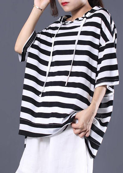 Italian hooded cotton top silhouette Outfits black white striped shirt summer - SooLinen