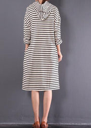 Italian hooded drawstring linen spring dresses Ideas black striped Dresses - SooLinen