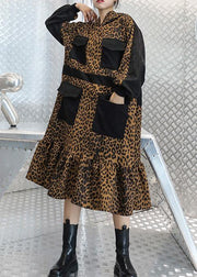 Italian hooded pockets clothes For Women Neckline Leopard Dresses - SooLinen