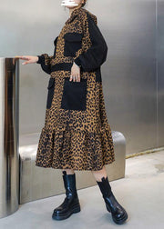 Italian hooded pockets clothes For Women Neckline Leopard Dresses - SooLinen