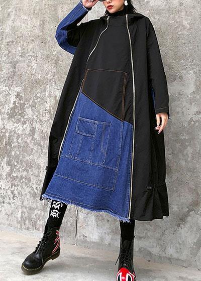 Italian hooded zippered cotton drawstring quilting clothes Runway black A Line Dress - SooLinen
