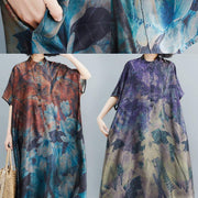 Italian khaki print Tunic stand collar long summer Dresses - SooLinen