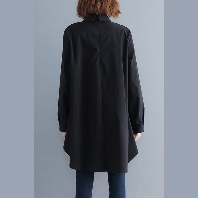 Italian lapel asymmetric cotton crane tops black Midi blouse