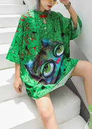 Italian lapel half sleeve Cotton clothes Runway green print Dress summer - SooLinen