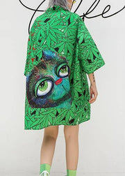 Italian lapel half sleeve Cotton clothes Runway green print Dress summer - SooLinen