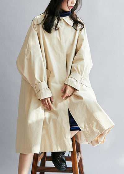 Italian lapel pockets Plus Size fall coat for woman beige short outwear - SooLinen