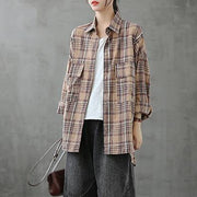 Italian lapel pockets crane tops Sewing khaki plaid blouses - SooLinen