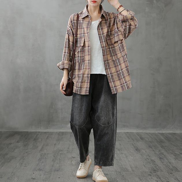 Italian lapel pockets crane tops Sewing khaki plaid blouses - SooLinen