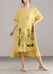 Italienische Leinen-Baumwollkleider Drucken unregelmäßiges gelbes Kleid mit kurzen Ärmeln
