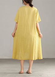 Italian linen cotton dresses Printing Irregular Short Sleeve Yellow Dress