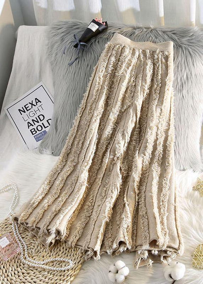 Italian nude cotton skirt tassel elastic waist spring skirt - SooLinen