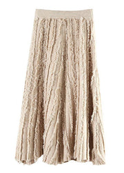 Italian nude cotton skirt tassel elastic waist spring skirt - SooLinen