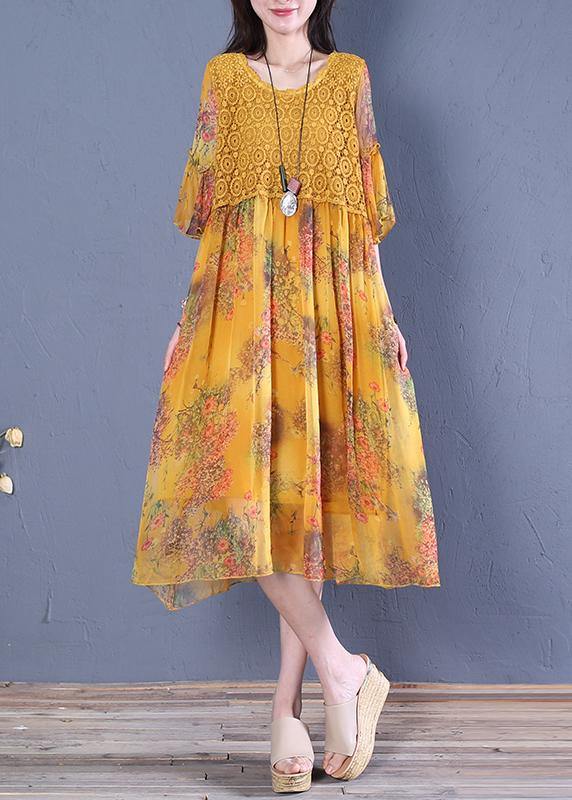 Italian o neck Butterfly Sleeve Cotton Fabrics yellow print Dress - SooLinen