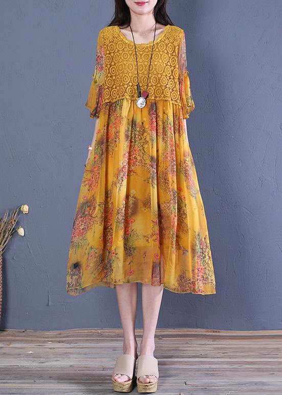 Italian o neck Butterfly Sleeve Cotton Fabrics yellow print Dress - SooLinen