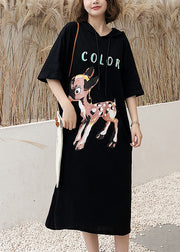 Italienischer O-Ausschnitt Halbarm-Baumwoll-Tuniken Ausgestattete Stoffe mit schwarzem Druck Robe-Kleider Sommer