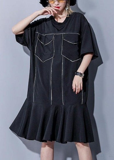 Italian o neck Ruffles silk Cotton dresses Vintage Wardrobes black baggy Dress Summer - SooLinen