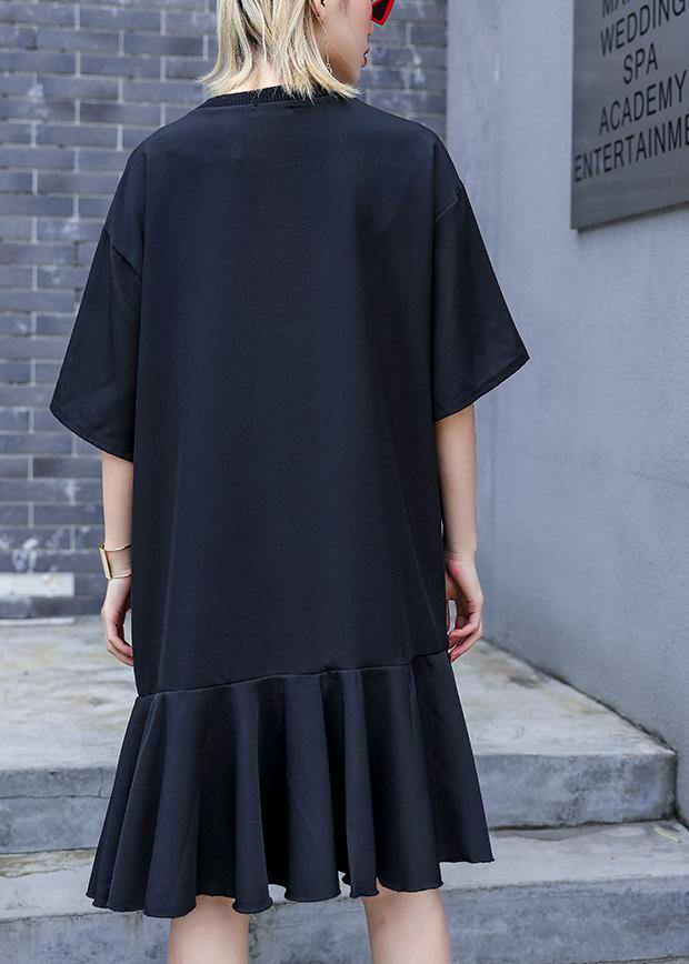 Italian o neck Ruffles silk Cotton dresses Vintage Wardrobes black baggy Dress Summer - SooLinen