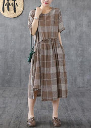 Italian o neck asymmetric cotton dresses Catwalk khaki plaid Dresses - SooLinen